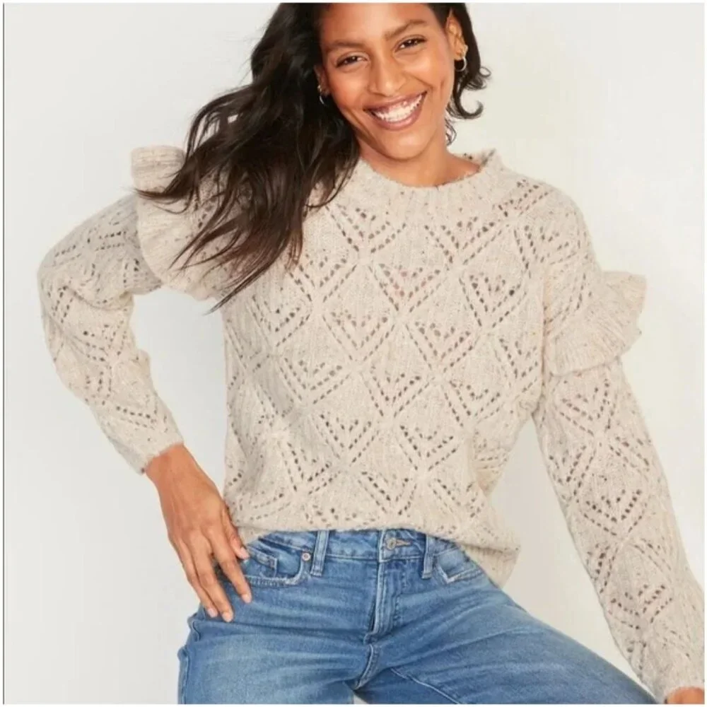 Old Navy Beige Ruffle Trim Pointelle Crew Neck Long Sleeve Cozy Knit Sweater L - Picture 1 of 10